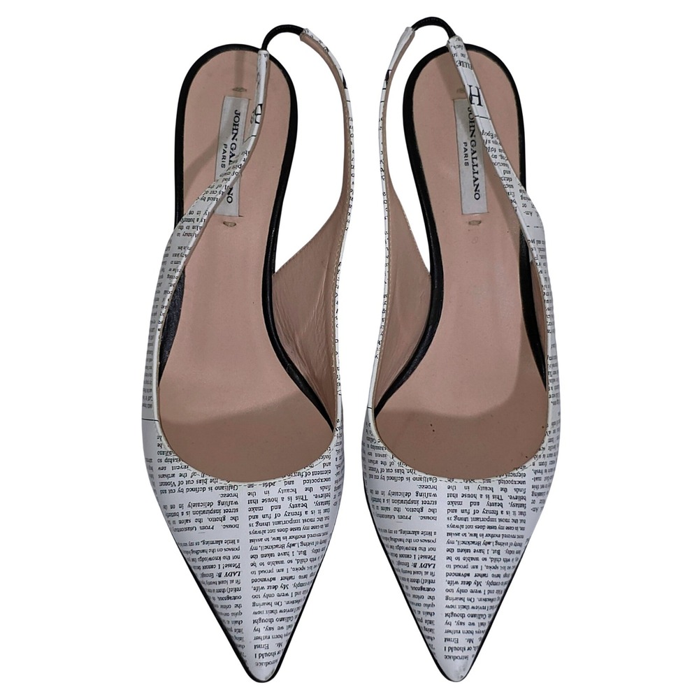 John Galliano Paris Newspaper Print Slingback Heels Womens 9.5 White Black EUC - Picture 4 of 12